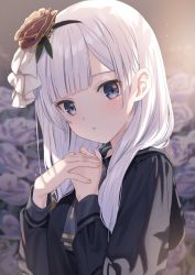 Rule 34 | black jacket, blue eyes, blunt bangs, blush, character request, commentary request, copyright request, fingernails, flower, hair flower, hair ornament, hair over shoulder, hair ribbon, hairband, hands up, highres, jacket, jimmy madomagi, long hair, long sleeves, looking at viewer, own hands together, parted lips, red flower, ribbon, solo, white hair, white ribbon