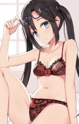 Rule 34 | 1girl, bad id, bad twitter id, bare shoulders, black hair, blue-framed eyewear, blue eyes, blush, bra, breasts, closed mouth, collarbone, commentary request, unworn eyewear, floral print, glasses, hair between eyes, hair ribbon, holding, holding removed eyewear, idolmaster, idolmaster shiny colors, indoors, kanikou, lace, lace-trimmed bra, lace-trimmed panties, lace trim, lingerie, long hair, looking at viewer, mitsumine yuika, navel, panties, ribbon, semi-rimless eyewear, sitting, small breasts, solo, twintails, underwear, underwear only, window