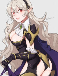 Rule 34 | 1girl, armor, ass, black hairband, black panties, blush, breasts, cape, cleavage, cleavage cutout, clothing cutout, commentary request, corrin (female) (fire emblem), corrin (fire emblem), fire emblem, fire emblem fates, fire emblem heroes, hair between eyes, hair ornament, hairband, highres, large breasts, long hair, looking at viewer, nintendo, official alternate costume, open mouth, panties, peach11 01, pointy ears, red eyes, smile, solo, torn cape, torn clothes, underwear, white hair