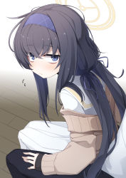 Rule 34 | 1girl, black hair, blue archive, blue eyes, blue hairband, blue ribbon, blush, brown cardigan, cardigan, closed mouth, hair ribbon, hairband, halo, highres, long hair, looking at viewer, low twintails, ogami kazuki, ribbon, sailor collar, school uniform, shirt, skirt, solo focus, twintails, ui (blue archive), white sailor collar, white shirt, white skirt