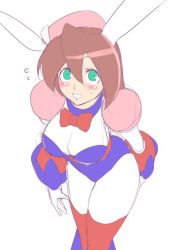 Rule 34 | 1girl, android, animal ears, breasts, brown hair, rabbit ears, cleavage, commentary request, gloves, green eyes, iris (mega man), leotard, long hair, medium breasts, open mouth, mega man (series), mega man x (series), smile, solo, ukimukai