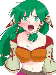 Rule 34 | 1girl, breasts, collarbone, crying, crying with eyes open, feena (grandia), grandia, grandia i, green eyes, green hair, hair ornament, hair tubes, jewelry, long hair, looking at viewer, low-tied long hair, medium breasts, midriff, navel, necklace, open mouth, saitou shouki, simple background, solo, tears, wide sleeves