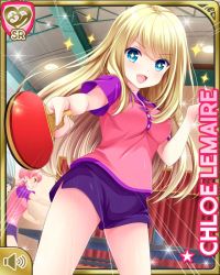 Rule 34 | 3girls, ball, blonde hair, blue eyes, breasts, character name, chloe lemaire, girlfriend (kari), indoors, long hair, multiple girls, official art, open mouth, outstretched arm, paddle, pink shirt, purple shorts, qp:flapper, shirt, short shorts, short sleeves, shorts, smile, sparkle, table tennis, table tennis ball, table tennis net, table tennis paddle