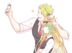 Rule 34 | 1boy, 1girl, achilles (fate), animal ears, atalanta (fate), blonde hair, casual, cat ears, cellphone, contemporary, crossed arms, eyewear on head, fate/apocrypha, fate (series), green eyes, green hair, height difference, mikkat, necktie, one eye closed, phone, selfie, smartphone, sunglasses, vest, waistcoat, yellow eyes
