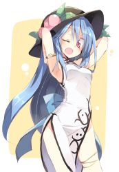 Rule 34 | 1girl, ;d, alternate costume, armpits, arms up, bare legs, blue hair, blush, china dress, chinese clothes, dress, food, fruit, hat, hinanawi tenshi, long hair, one eye closed, open mouth, peach, red eyes, revision, ribbon, satou kibi, side slit, sleeveless, smile, solo, touhou, turtleneck, yellow background