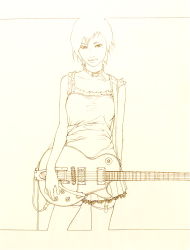 Rule 34 | 1girl, choker, dress, electric guitar, female focus, garter straps, gibson, gibson les paul, gradient background, guitar, highres, instrument, lineart, monochrome, short hair, solo, tempo1983, thighhighs