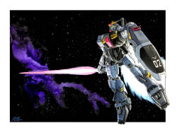 Rule 34 | absurdres, artist name, beam saber, commentary, dated, english commentary, gundam, gundam mk ii, highres, holding, holding sword, holding weapon, jeff sorley, looking up, mecha, no humans, painting (medium), robot, science fiction, shield, solo, space, sword, traditional media, v-fin, watercolor (medium), weapon, yellow eyes, zeta gundam