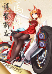 Rule 34 | 10s, 1girl, 2014, animal ears, black thighhighs, breasts, character name, china dress, chinese clothes, chinese new year, chinese text, dress, elbow gloves, fatkewell, flower, foreshortening, fox ears, fox tail, gloves, hair flower, hair ornament, hand fan, high heels, lace, lace-trimmed legwear, lace trim, legs, motor vehicle, motorcycle, orange hair, original, purple eyes, rika eastre, sitting, smile, tail, thighhighs, traditional chinese text, vehicle, white gloves