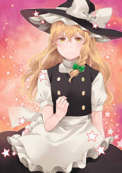 Rule 34 | 1girl, 631, absurdres, apron, blonde hair, bow, braid, clenched hand, frilled apron, frilled hat, frills, frown, hair bow, hat, hat bow, highres, kirisame marisa, long hair, short sleeves, skirt, skirt set, solo, star (symbol), touhou, turtleneck, waist apron, witch hat, yellow eyes