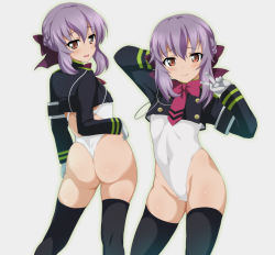 Rule 34 | 1girl, ass, black bow, black thighhighs, blush, bow, braid, brown eyes, closed mouth, covered navel, female focus, flat chest, gloves, grey background, hair between eyes, hair bow, hair ornament, half updo, highres, hiiragi shinoa, legs apart, leotard, long hair, long sleeves, looking at viewer, looking back, multiple views, ouhashi, owari no seraph, shiny skin, sidelocks, simple background, standing, thighhighs, thighs, v, wedgie