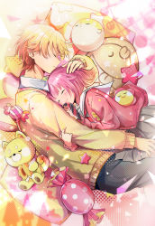 Rule 34 | 1boy, 1girl, abstract background, arm hug, black necktie, blonde hair, blush, border, candy, closed eyes, commentary request, confetti, couple, cuddling, diagonal-striped clothes, diagonal-striped necktie, feet out of frame, food, frown, gradient hair, grey pants, grey skirt, hand on another&#039;s head, hetero, highres, holding necktie, kamiyama high school uniform (project sekai), momomo (m0 3), multicolored hair, necktie, ootori emu, pants, pillow, pink hair, pink sweater, pleated skirt, project sekai, red necktie, sailor collar, school uniform, skirt, sleeping, smile, striped clothes, striped necktie, stuffed animal, stuffed bird, stuffed dog, stuffed toy, sweater, tenma tsukasa, white sailor collar, yellow sweater