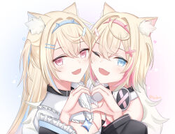 Rule 34 | 2girls, animal ear fluff, animal ears, belt collar, black collar, blonde hair, blue eyes, blue hair, blush, breasts, cleavage, collar, cropped jacket, cropped shirt, dog ears, dog girl, fuwamoco, fuwawa abyssgard, fuwawa abyssgard (1st costume), hair ornament, hairpin, headphones, headphones around neck, heart, heart hands, heart hands duo, highres, hololive, hololive english, kushiro147, large breasts, long hair, medium hair, mococo abyssgard, mococo abyssgard (1st costume), multicolored hair, multiple girls, one eye closed, open mouth, pink eyes, pink hair, shirt, siblings, sisters, small breasts, smile, streaked hair, twins, virtual youtuber, white shirt, x hair ornament