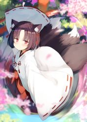 Rule 34 | 1girl, animal ear fluff, animal ears, black hair, blurry, blurry background, blush, bow, closed mouth, commentary request, day, depth of field, fox ears, fox girl, fox tail, from above, hakama, hakama skirt, japanese clothes, kamizaki hibana, kimono, kitsune, long sleeves, looking at viewer, looking up, miko, multiple tails, original, outdoors, parted bangs, petals, red bow, red eyes, red hakama, reflection, ribbon-trimmed sleeves, ribbon trim, ripples, short hair, skirt, sleeves past fingers, sleeves past wrists, smile, solo, tail, torii, water, white kimono, wide sleeves