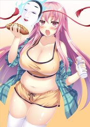 Rule 34 | 1girl, absurdres, bare shoulders, belly, blush, bottle, breasts, cleavage, covered erect nipples, female focus, gradient background, hata no kokoro, highres, hot dog, kusano (torisukerabasu), large breasts, long hair, long sleeves, looking at viewer, mask, midriff, milk bottle, navel, open mouth, pink eyes, pink hair, plaid, plaid shirt, plump, shirt, shorts, simple background, solo, standing, thick thighs, thighhighs, thighs, touhou, very long hair, white thighhighs