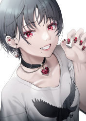 Rule 34 | 1girl, absurdres, atagumo yuba, bad id, bad pixiv id, black choker, choker, claw pose, collarbone, colored eyelashes, ear piercing, earrings, goth fashion, gothic, grey hair, grin, hand up, heart, heart choker, highres, jewelry, looking at viewer, makeup, mascara, mismatched eyelashes, mole, mole under mouth, nail art, nail polish, original, piercing, red eyes, red nails, shirt, short hair, short sleeves, simple background, smile, solo, t-shirt, upper body, white background, white shirt