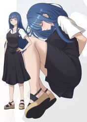 Rule 34 | 1girl, absurdres, arms behind back, black dress, blue eyes, blue hair, blunt bangs, blush, breasts, closed eyes, commentary, commission, dress, english commentary, feet, full body, ghhoward, grey background, hand on own hip, high heels, highres, knees up, large breasts, legs, long hair, magia record: mahou shoujo madoka magica gaiden, mahou shoujo madoka magica, multiple views, nanami yachiyo, open mouth, pixiv commission, platform footwear, pleated dress, restrained, sandals, shirt, shoe soles, short sleeves, toenails, toes, wedge heels, white shirt, zoom layer