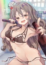 Rule 34 | 1girl, alcohol, bikini, black bikini, blush, bottle, breasts, brown eyes, commission, drooling, drunk, grey hair, hair between eyes, hat, highres, holding, holding bottle, holding microphone, kantai collection, karaoke, large breasts, long hair, looking at viewer, microphone, mini hat, pola (kancolle), ruohire9, saliva, side-tie bikini bottom, skeb commission, solo, sparkle, sweat, swimsuit, untied bikini, upper body, very long hair, white hat