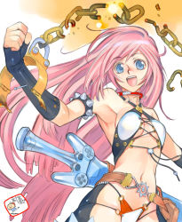 Rule 34 | 1girl, armpits, artist name, blue eyes, chain, collar, fingerless gloves, game console, gloves, long hair, open mouth, pink hair, signature, solo, sword, takahashi kenji, weapon