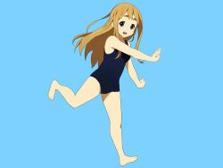 1girl bare_arms bare_legs barefoot blonde_hair blue_background blue_eyes k-on! kicchi_(tmgk) kotobuki_tsumugi light_blush long_hair looking_at_viewer open_mouth outstretched_arm running school_swimsuit smile swimsuit teeth thick_eyebrows upper_teeth_only