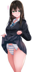 Rule 34 | 1girl, black cardigan, black skirt, blue necktie, blue panties, blush, breasts, brown hair, cardigan, clothes lift, collared shirt, commentary request, green eyes, highres, idolmaster, idolmaster cinderella girls, lifted by self, long hair, long sleeves, looking at viewer, medium breasts, necktie, panties, parted lips, ponytail korosuke, school uniform, shibuya rin, shirt, simple background, skirt, skirt lift, solo, standing, striped clothes, striped necktie, striped neckwear, striped panties, sweat, thighs, translation request, underwear, upskirt, v-shaped eyebrows, white background, white shirt