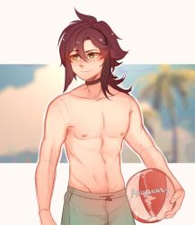 Rule 34 | 1boy, anyanary, ball, beachball, closed mouth, genshin impact, green eyes, green male swimwear, hair between eyes, highres, holding, holding ball, holding beachball, long hair, male focus, male swimwear, mole, mole under eye, navel, nipples, red hair, shikanoin heizou, smile, solo, stomach, topless male