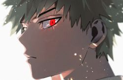 Rule 34 | 1boy, backlighting, bakugou katsuki, blonde hair, bloom, blurry, boku no hero academia, depth of field, expressionless, highres, lens flare, light particles, looking at viewer, male focus, noise, portrait, red eyes, shoco (sco labo), short hair, solo, spiked hair, white background