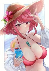 Rule 34 | 1girl, absurdres, alternate costume, breasts, brown hat, hat, highres, karuushi, large breasts, pyra (xenoblade), red eyes, red hair, solo, swimsuit, xenoblade chronicles (series), xenoblade chronicles 2
