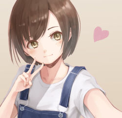 Rule 34 | 1girl, blush, brown background, brown eyes, brown hair, closed mouth, collarbone, commentary, hair strand, head tilt, heart, looking at viewer, original, overalls, purea, reaching, reaching towards viewer, selfie, shirt, short hair, simple background, smile, solo, t-shirt, upper body, v, white shirt
