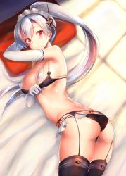 Rule 34 | 1girl, armpits, ass, bikini, black thighhighs, blush, covered erect nipples, fate/grand order, fate (series), garter belt, garter straps, hair between eyes, hair ribbon, head on pillow, highres, kagutsuchi (l&#039;archange), long hair, looking at viewer, lying, maid, maid bikini, maid headdress, mitsudomoe (shape), on bed, on side, ponytail, red eyes, red ribbon, ribbon, silver hair, solo, swimsuit, thighhighs, tomoe (symbol), tomoe gozen (fate), unconventional maid, very long hair
