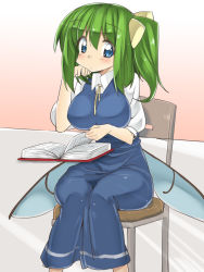Rule 34 | 1girl, arm support, ase (nigesapo), blue eyes, blush, book, breasts, chair, daiyousei, desk, dress, dress shirt, fairy wings, green hair, head rest, large breasts, long dress, long hair, low wings, on chair, open book, puffy sleeves, reading, shirt, side ponytail, sitting, solo, touhou, transparent, wings