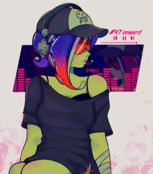 Rule 34 | 1girl, bandaged arm, bandages, baseball cap, black dress, blue hair, closed mouth, colored skin, colored tips, commentary, dedf1sh, dress, english commentary, green skin, grey background, hat, headphones, headphones over headwear, highres, long hair, multicolored hair, nintendo, octoling, off shoulder, print headwear, red-tinted eyewear, red hair, sanitized (splatoon), single bare shoulder, solo, splatoon (series), splatoon 3, splatoon 3: side order, sunglasses, tentacle hair, tinted eyewear, two-tone hair, venqile
