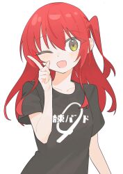 Rule 34 | 1girl, absurdres, black shirt, bocchi the rock!, breasts, green eyes, highres, index finger raised, kita ikuyo, kurobeko (kur0bek0), looking at viewer, one eye closed, red hair, shirt, small breasts, solo, t-shirt, twitter, upper body, white background