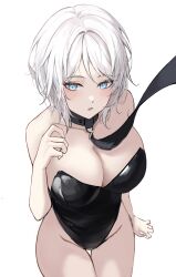 Rule 34 | 1girl, absurdres, alternate costume, belt collar, black leotard, blue eyes, breasts, cameltoe, collar, eonyan (chaeyang), faust (project moon), highres, leash, leotard, limbus company, medium hair, project moon, simple background, solo, white background, white hair
