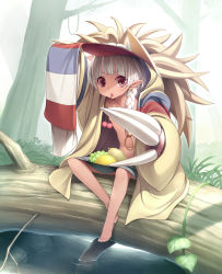 Rule 34 | 1girl, bad id, bad pixiv id, barefoot, braid, censored, cherry, claws, convenient censoring, eating, food, fruit, fujishiro touma, highres, leak (ragnarok online), pointy ears, ragnarok online, red eyes, silver hair, sitting, solo, topless