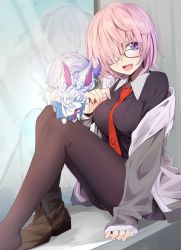 Rule 34 | 1girl, absurdres, boots, breasts, fate (series), glasses, hair over one eye, highres, jacket, kazenoko, light purple hair, looking at viewer, mash kyrielight, medium breasts, necktie, one eye covered, open mouth, pantyhose, purple eyes, red necktie, short hair, sitting, smile, solo