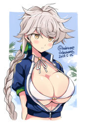 Rule 34 | 1girl, alternate costume, asymmetrical hair, blush, braid, braided ponytail, breasts, cleavage, cropped torso, dated, huge breasts, jitome, kantai collection, large breasts, long hair, odawara hakone, one-hour drawing challenge, orb, short sleeves, silver hair, single braid, solo, twitter username, unryuu (kancolle), very long hair, yellow eyes, zipper, zipper pull tab