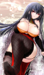 Rule 34 | 1girl, ahoge, azur lane, bare shoulders, black hair, black thighhighs, breasts, bridal gauntlets, china dress, chinese clothes, cleavage, crossed bangs, dress, feather boa, feet, female focus, garter straps, hachimitsu hinako, hair between eyes, hair ornament, large breasts, long hair, looking at viewer, official alternate costume, pelvic curtain, red dress, red eyes, sitting, sleeveless, sleeveless dress, smile, solo, taihou (azur lane), taihou (phoenix&#039;s spring song) (azur lane), thighhighs, thighs, very long hair