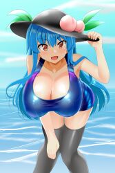 black_hat blue_hair blue_one-piece_swimsuit breasts day food fruit fruit_hat_ornament hat hat_ornament hinanawi_tenshi honda_takaharu large_breasts leaf leaf_hat_ornament looking_at_viewer ocean one-piece_swimsuit outdoors peach peach_hat_ornament red_eyes smile swimsuit thick_thighs thighhighs thighs touhou