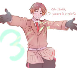 Rule 34 | 1boy, ahoge, axis powers hetalia, black gloves, black pants, blush, brown eyes, brown hair, brown jacket, gloves, himaruya hidekazu, italian text, jacket, male focus, necktie, northern italy (hetalia), official art, one eye closed, open mouth, outstretched arms, pants, red necktie, simple background, solo, uniform, white background