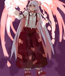 Rule 34 | 1girl, baggy pants, bow, buttons, collared shirt, commentary request, fire, footwear bow, fujiwara no mokou, full body, hair bow, long hair, long sleeves, looking afar, ofuda, ofuda on clothes, open mouth, orange eyes, pants, red footwear, red pants, shirt, shoes, sleeve garter, solo, suspenders, touhou, very long hair, white bow, white hair, white shirt, yagi noboru