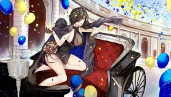 Rule 34 | 1girl, absurdres, alcohol, alternate costume, ark royal (azur lane), ark royal (guardian of the ball) (azur lane), azur lane, balloon, black dress, black hair, blue eyes, breasts, camera, carriage, champagne, champagne flute, cleavage cutout, clothing cutout, cocktail dress, cup, dress, drinking glass, formal, gloves, hair over one eye, high heels, highres, jacket, jacket on shoulders, large breasts, pvc parfait, short hair, solo