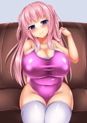Rule 34 | 1girl, alternate color school swimsuit, bare shoulders, blue eyes, blush, breasts, cleavage, covered navel, curvy, female focus, huge breasts, large breasts, long hair, looking at viewer, one-piece swimsuit, original, pink hair, plump, school swimsuit, sitting, smile, solo, swimsuit, thick thighs, thighhighs, thighs, twintails, two side up, wide hips, yahiro (anhnw)
