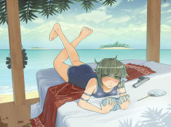 Rule 34 | 1girl, barefoot, bed, blush, book, cloud, day, hand fan, full-face blush, gun, highres, holding, holding book, legs up, looking at viewer, lying, mr very, ocean, on stomach, one-piece swimsuit, open book, original, palm tree, paper fan, parted lips, reading, red pupils, short hair, sky, solo, swimsuit, the pose, tree, tree shade, uchiwa, water, weapon, wet, yellow eyes