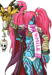Rule 34 | 1girl, bandages, blue skin, bow, bow panties, cloak, code of princess, colored skin, hair ornament, hair over one eye, lady zozo, panties, pink hair, scar, scarf, simple background, skull hair ornament, solo, stitches, tattoo, twintails, underwear, white panties, yellow eyes