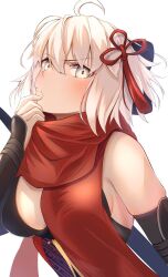 Rule 34 | 1girl, ahoge, bow, breasts, fate/grand order, fate (series), hair bow, highres, medium breasts, okita souji (fate), okita souji alter (fate), okita souji alter (first ascension) (fate), red scarf, scarf, umi endu, white background, white eyes, white hair