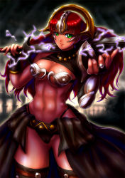 Rule 34 | 1girl, abs, armor, bikini armor, boken fantasy, breasts, claudette (queen&#039;s blade), claudette (queen's blade), claudette lord of thundercloud, cleavage, electricity, female focus, green eyes, hair ornament, highres, jewelry, large breasts, legs, long hair, queen&#039;s blade, red hair, ring, solo, sword, thighs, underboob, weapon