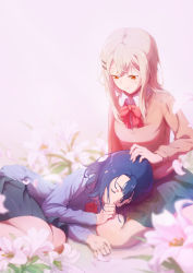 Rule 34 | 2girls, adachi sakura, adachi to shimamura, blonde hair, blue hair, blue sweater, blurry, bow, bowtie, closed eyes, closed mouth, covered mouth, depth of field, eyelashes, flower, hair ornament, hairclip, half-closed eyes, hand on another&#039;s head, highres, karma17, lap pillow, light smile, lily (flower), long hair, long sleeves, looking down, lying, multiple girls, orange eyes, orange sweater, parted bangs, petals, pink background, red bow, school uniform, shimamura hougetsu, short hair, sidelocks, sitting, skirt, sleeping, sweater, wariza, yuri