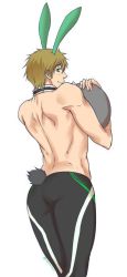 Rule 34 | 10s, 1boy, black male swimwear, brown hair, detached collar, free!, from behind, legskin, looking at viewer, male focus, male swimwear, rabbit ears, rabbit tail, short hair, simple background, smile, solo, swimsuit, tachibana makoto, tail, topless male, white background