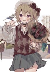 Rule 34 | 1girl, adapted costume, animal, bird, bird on hand, black choker, blonde hair, blush, bouquet, choker, collarbone, cowboy shot, fang, flandre scarlet, flower, grey skirt, hat, holding, holding bouquet, long hair, open mouth, pleated skirt, red eyes, red flower, side ponytail, skin fang, skirt, smile, solo, tamagogayu1998, touhou, white hat, wings
