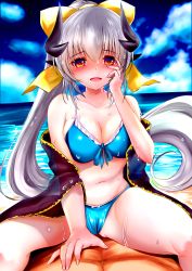 Rule 34 | 1girl, :d, absurdres, bare shoulders, bikini, blue bikini, blush, bow, breasts, cleavage, cloud, collarbone, dragon girl, dragon horns, fate/grand order, fate (series), hand on own face, highres, horns, izumikuu, kiyohime (fate), kiyohime (fate/grand order), kiyohime (swimsuit lancer) (fate), kiyohime (swimsuit lancer) (third ascension) (fate), long hair, looking at viewer, medium breasts, midriff, multiple horns, navel, open mouth, orange eyes, ponytail, revision, silver hair, smile, solo focus, straddling, swimsuit, very long hair, yellow bow